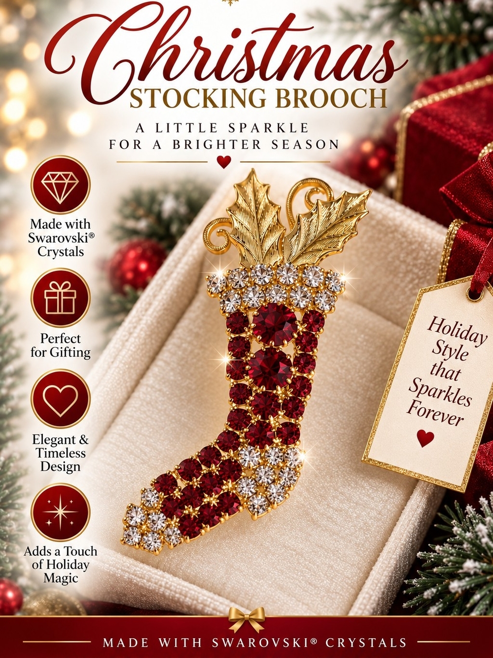 625 Swarovski Crystal Gold & Red Christmas Stocking Brooch